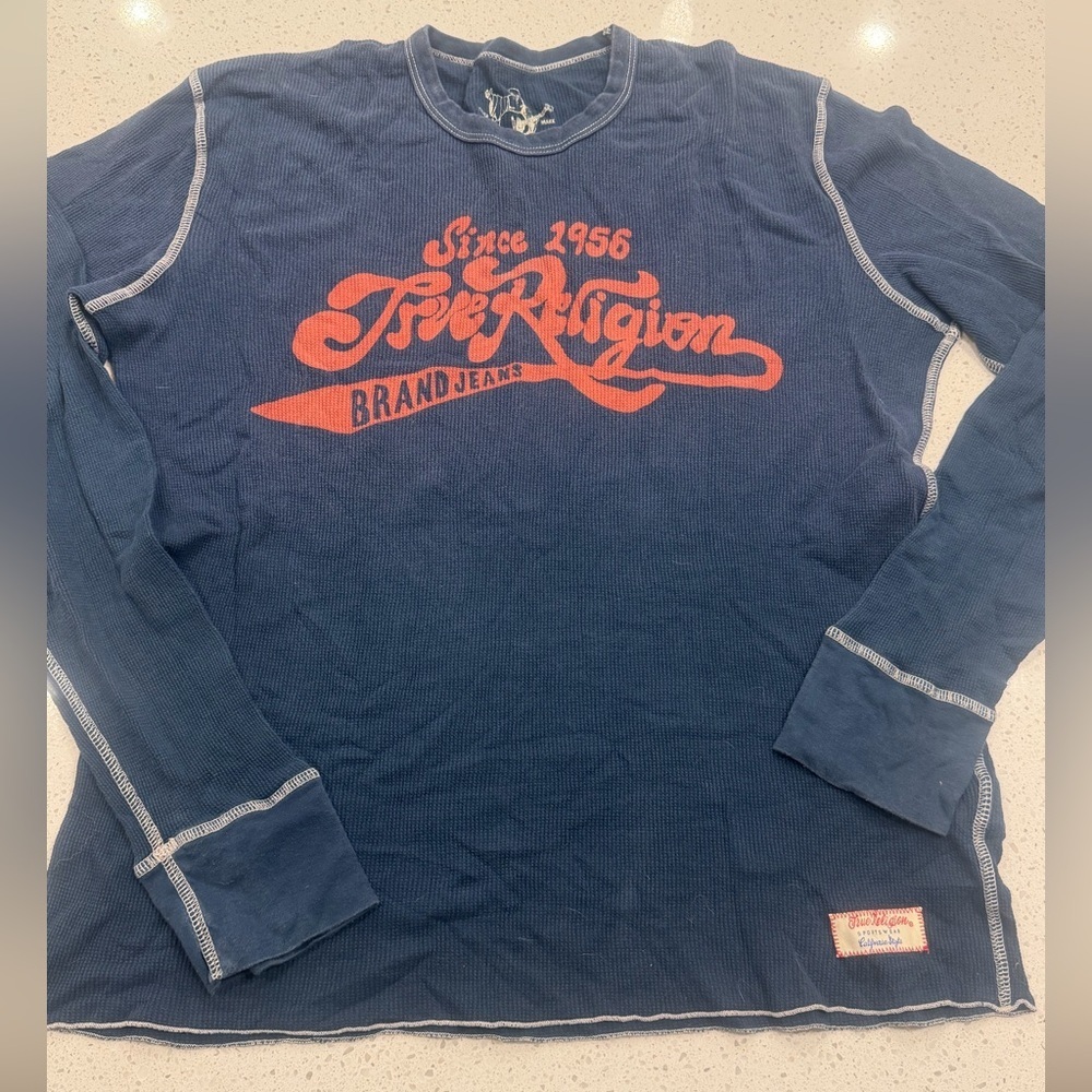 True Religion Thermal Waffle Knit Long Sleeve Y2K Logo Shirt Blue Mens XXXL